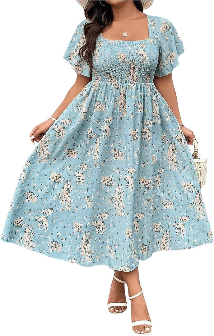 Floerns Women's Plus Size Floral Square Neck Flounce Short Sleeve A Line Maxi Dress (Blue, XXL)