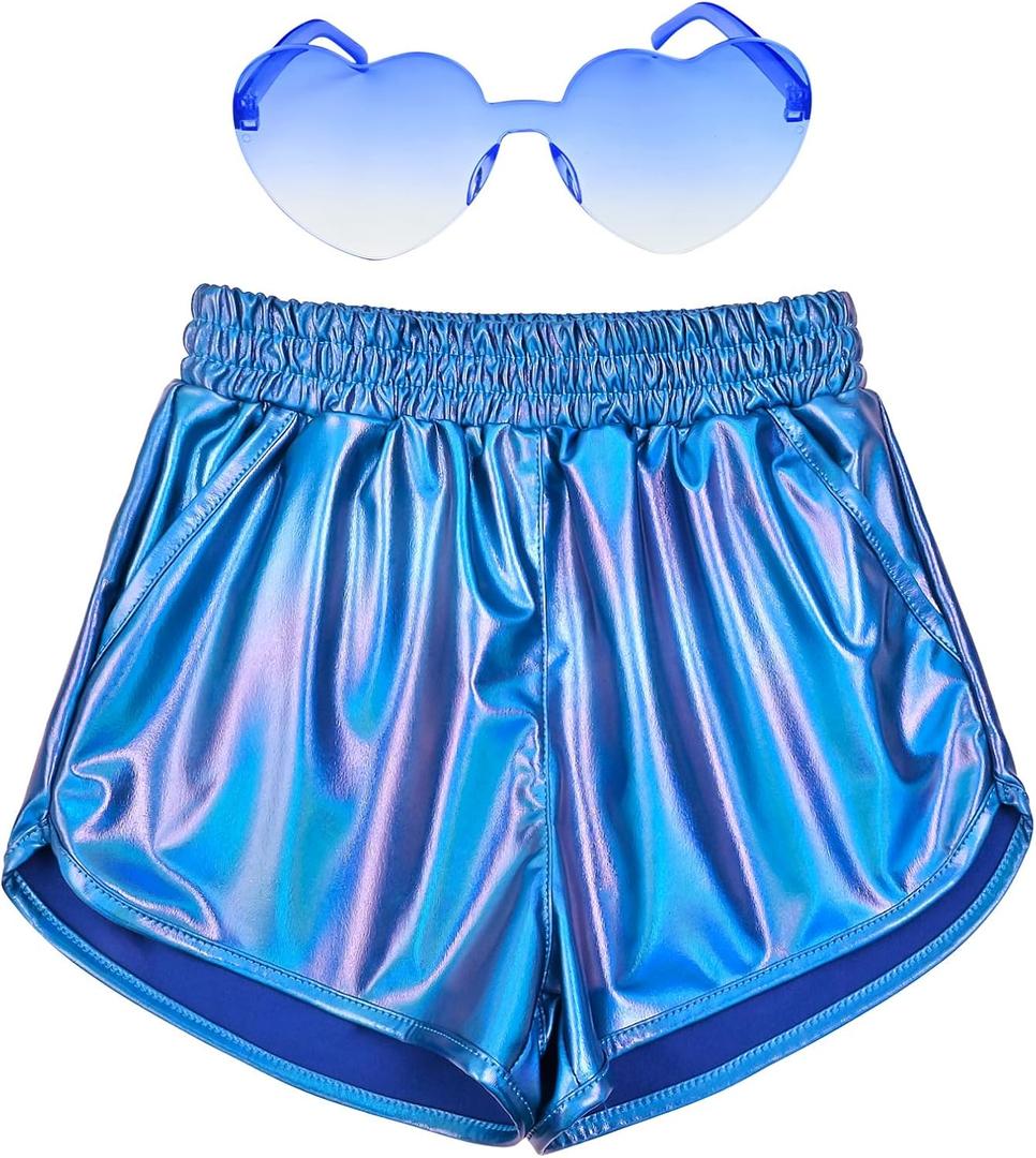 Perfashion Girls Metallic Shorts Shiny Hot Short Sparkly Party Pants &Sunglasses (12-13 Years, Colorful Blue#11)