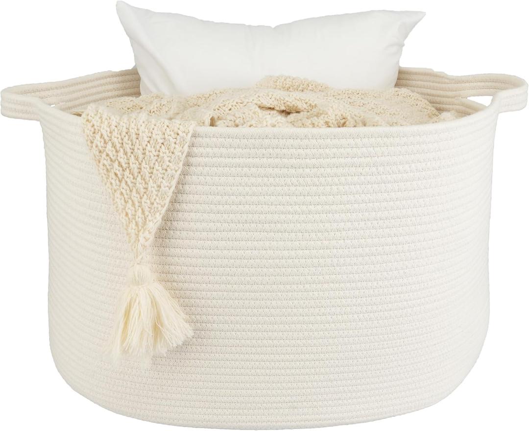 XUANGUO Extra Large Cotton Rope Basket Blankets Basket Living Room 22"x14" Toy Basket for Kids Dogs Rope Storage Basket for Nursery Woven Laundry Basket for Clothes Towels Baby Toy Storage round white