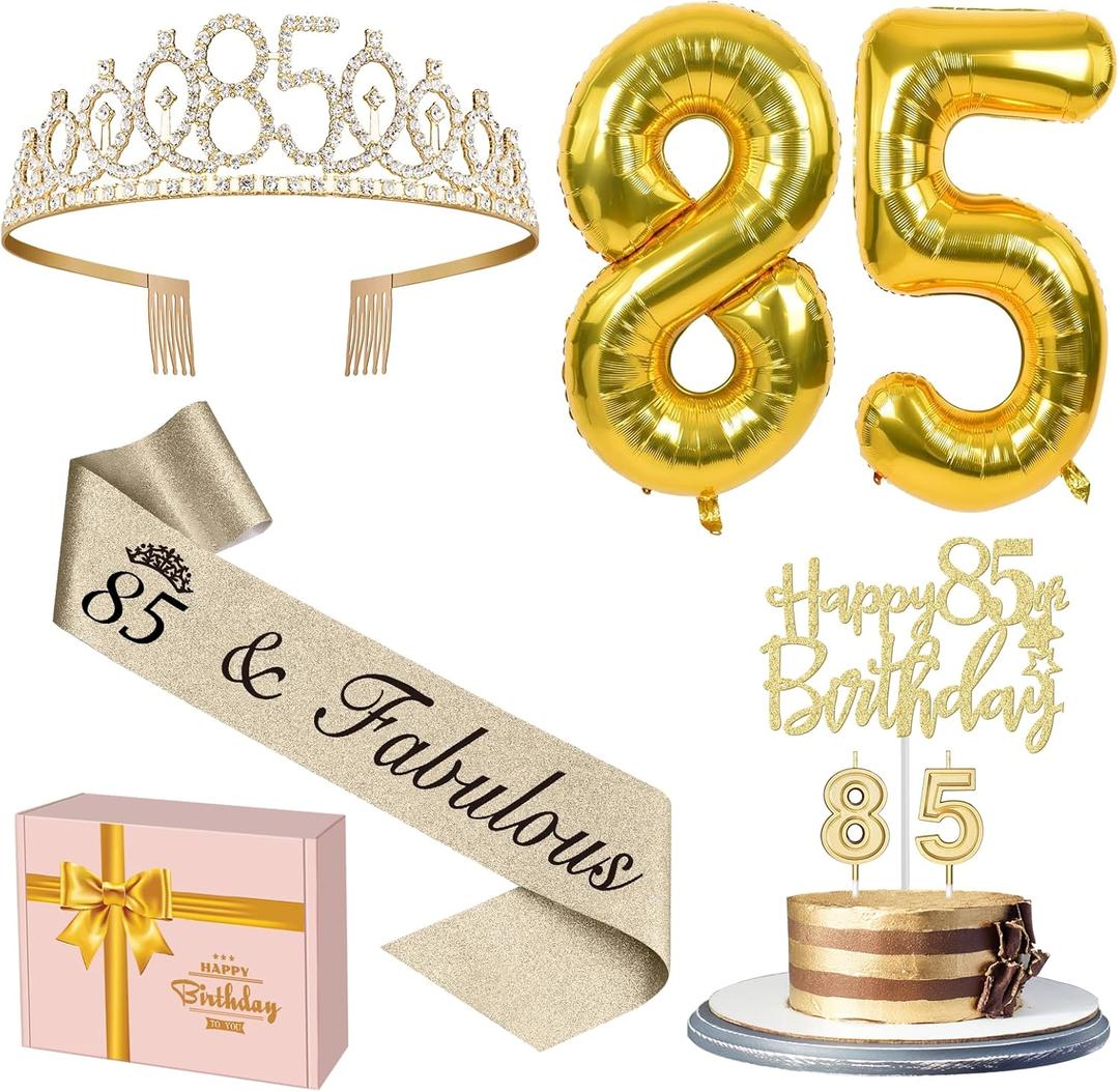 85th Birthday Decorations for Women Gold with 85th Birthday Sash and Tiara, Cake Topper and Candles, Number Balloons, 85 Year Old Gifts for Women