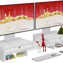 LAPTAIN Wooden Dual Monitor Stand with 2 Drawers, Monitor Stand Riser with Adjustable Length and Angle, Solid Wood Desktop Organizer Stand for Laptop/PC/Computer, No Assembly Required