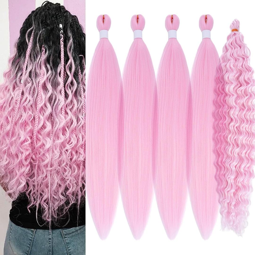 Light Pink Braiding Hair Pre Stretched with Ocean Wave Wavy Braiding Hair Pink Boho Hair Curly Synthetic Deep Ocean Wave Crochet Hair Extensions for Boho Braids Bohemian (5 Packs)