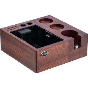 IKAPE V2 Espresso Knock Box, Espresso Coffee Organizer Box Fit for Storage 51mm 53/54mm 58mm Espresso Tamper, Distributor, Portafilter & Puck Screen Accessories, Natural Walnut Station Base (8 IN One)