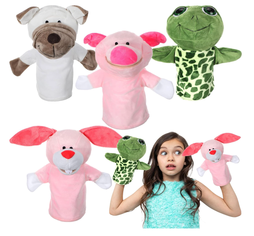 4 Pcs Hand Puppet Animal with Working Mouth 9.8 Inch Animal Puppet Soft Plush Toy for Storytelling Theater Preschool Birthday Gifts