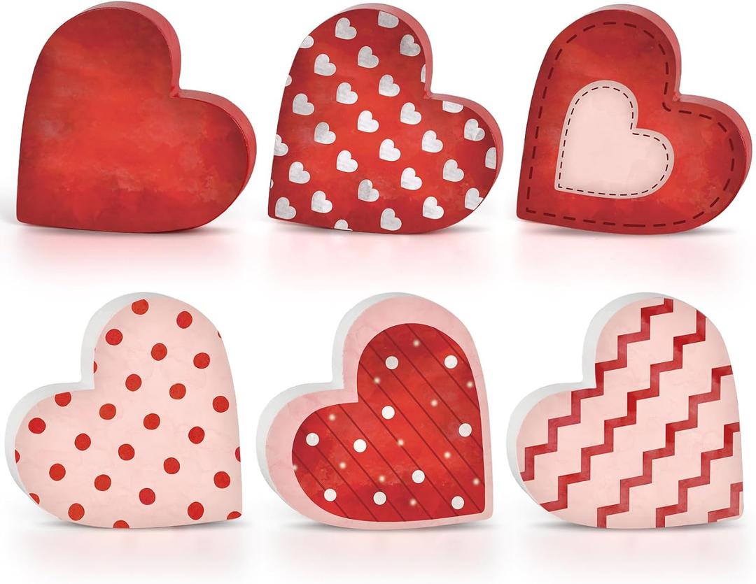 6 Pcs Valentine's Day Wooden Heart Table Signs Red Wood Table Centerpiece Block Valentine Decorations Indoor Vintage Tiered Tray Decor for Home Office Desk Shelf Mantel Love Wedding Anniversary Party (Large, pink)
