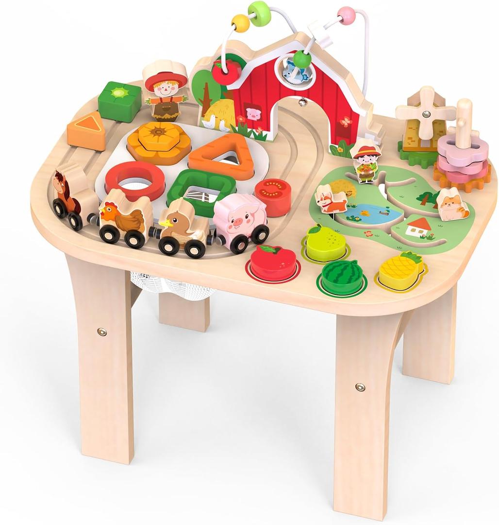 Activity Table for 1 Year Old, Baby Wooden Sensory Table with Bead Maze Shape Sorter Train Track for Toddler, Farm Montessori Toy Activity Center Educational Learning Toys for Kids 12+ Months