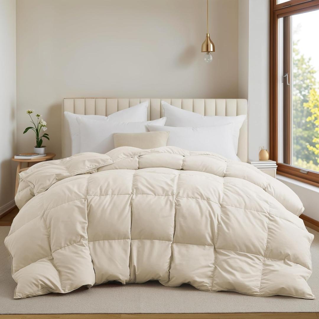 UNIKOME Goose Feather Down Fiber Comforter Queen Size, All Season Duvet Insert with Soft Downproof Cover, Cloud-Like Fluffiness Bed Comforters with Corner Tabs (Full/Queen, Cream, 88"X88") (01 Lightweight Warmth-cream)
