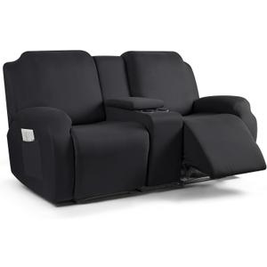 TAOCOCO Reclining Loveseat with Middle Console Slipcover, 4 Piece Polyester Fabric Stretch Loveseat Reclining Sofa Covers (Black, 2 Seat Recliner Cover with Console)