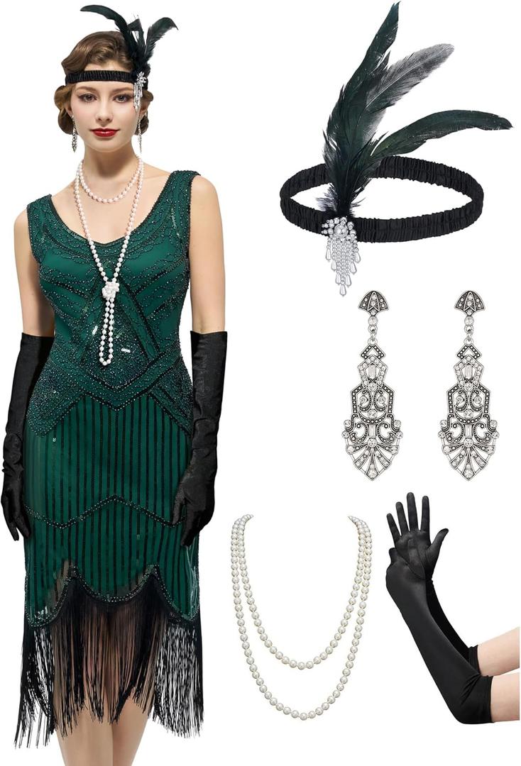 YESSA Flapper Dresses 1920s Gatsby Dress for Women Roaring 20s Costumes Fringed Sequin Cocktail Dress with 20s Accessories (Large, Green)