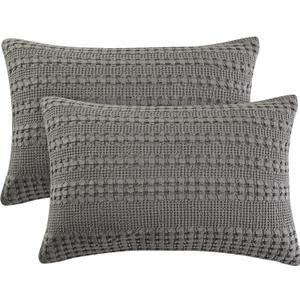 PHF 100% Cotton Waffle Pillow Shams Queen Size, 2 Pack 20" x 30" Soft Skin-Friendly Pillowcases, No Filling, Aesthetic Woven and Breathable Waffle Weave Pillow Case Covers for Bed, Dark Grey