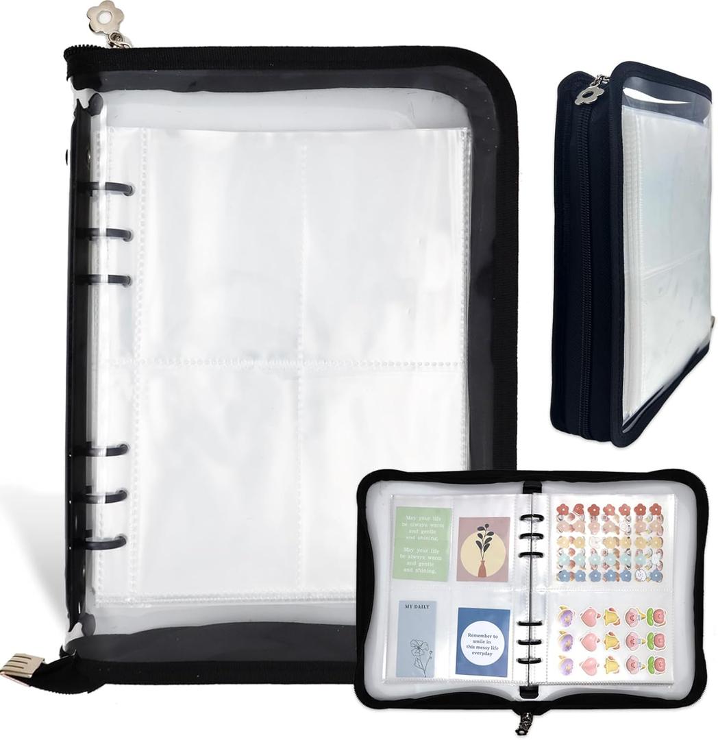 Sticker Organizer Binder Album - Reusable Sticker Storage Collecting Book With 40 Sheets of Pocket Page and A5 Size Zipper Closure Clear Cover (Black)