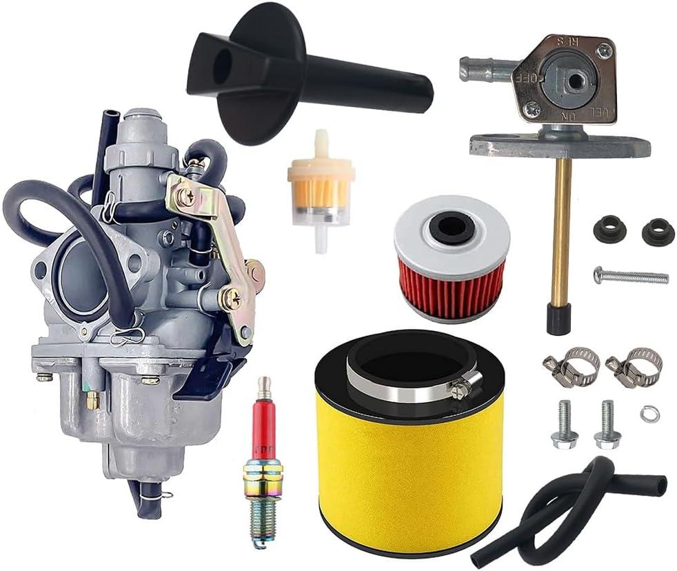 Recon 250 Carburetor with Fuel Tank Petcock Valve Set Fits for Honda TRX 250 Recon250 TRX250TM TRX250TE ATV Carb w/Air Filter Oil Filter Spark Plug 16100-hm8-b01