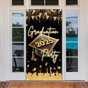 MEHOFOND Graduation 2025 Party Door Decorations, Black and Gold Class of 2025 Party Door Cover Banner, Congrats Grad Outdoor Indoor Hanging Cover Decorations Photo Supplies 35.4x70.8 Inch