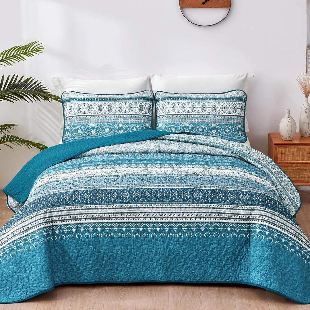WONGS BEDDING Boho Quilt Set Full, Teal Blue Bohemian Quilt Bedding Set, Ultra Soft Lightweight Bedspread for All Season Reversible Microfiber Coverlet Bedding Set 90"x78"(3 Pieces)