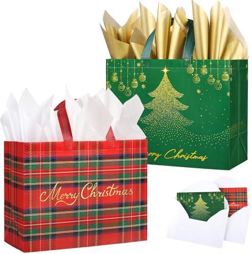 YANGTE 2 Pack 13" Large Christmas Gift Bags with Tissue Paper, Reusable Non-Woven Christmas Bag with Handles for Holiday Presents Wrapping, Holiday Tote Bags for Gifts Wrapping Xmas Party Favors