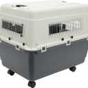 SportPet Airline Compliant LARGE 31.5" Travel Dog Kennel-Durable Plastic Airline Pet Carrier w/ Removable Wheels & Food Bowls, Collapsible Indoor/Outdoor Dog Kennel, Dogs up to 28"L & 20"H-Cream/Gray