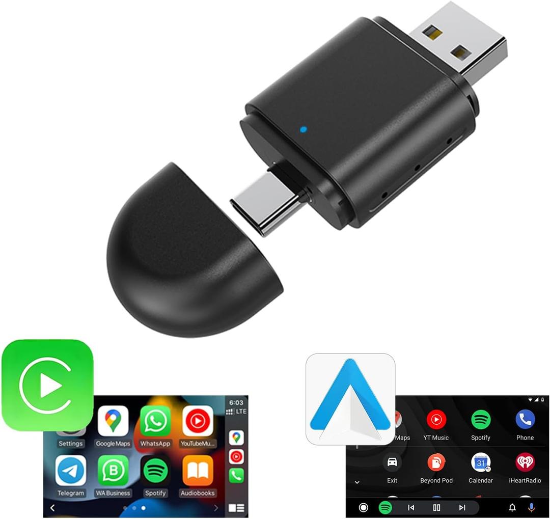 Carplay Adapter & Android Auto Wireless Adapter, USB + Type-C Dual Interface, 2 in 1 Auto Car Play Wireless Dongle for OEM Wired Carplay Car with iPhone iOS 10+ / Android 11+