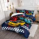 AILONEN Racing Car Comforter Set Full Size, Cool Speed Race Car Bedding Sets for Kids Boys,Automobile Extreme Sport Duvet Set,Checkered Squares Quilt Set,3 Pieces,1 Quilt and 2 Pillowcases,Microfibre