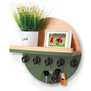 CRAKTH Key and Mail Holder for Wall Decorative, Wooden Boho Key Hanger with Shelf, Unique Two-Tone Circular Design Entryway Key Rack - Brown & Green