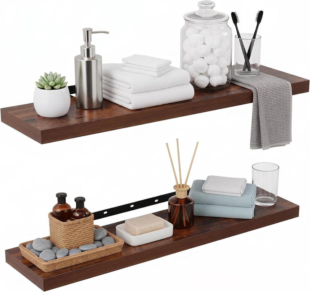 Lufia Floating Wall Shelves, Set of 2, MDF with Invisible Brackets, Modern Storage for Bedroom, Bathroom, Living Room, Kitchen (Rustic Brown, 28" W x 7" D x 1.5" H (2 Pieces))