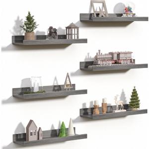 upsimples Floating Shelves for Wall, Wall Shelves for Decor Storage Set of 6, Wall Mounted Wood Shelf for Bedroom, Living Room, Bathroom, Kitchen, Picture Ledge Shelf, Grey (15.7in)