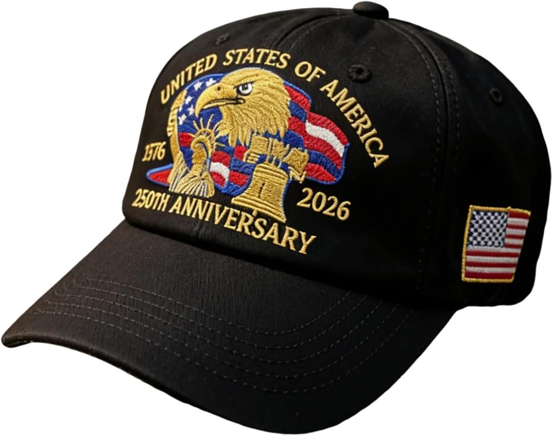 250th Anniversary USA Hat,Adjustable American Hat Embroidered Patriotic Hats for Men&Women (Black)