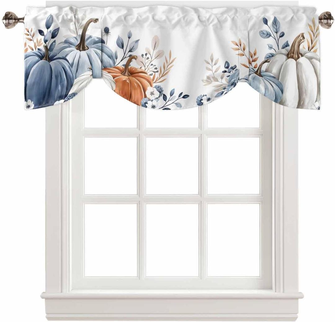 Fall Pumpkin Curtain Valances for Kitchen Window Tie Up Shade Thanksgiving Blue Pumpkin Short Topper for Small Windows Autumn Leaves Rod Pocket Valance Curtains for Bedroom Laundry 54" x 18" (Blue White Orange)