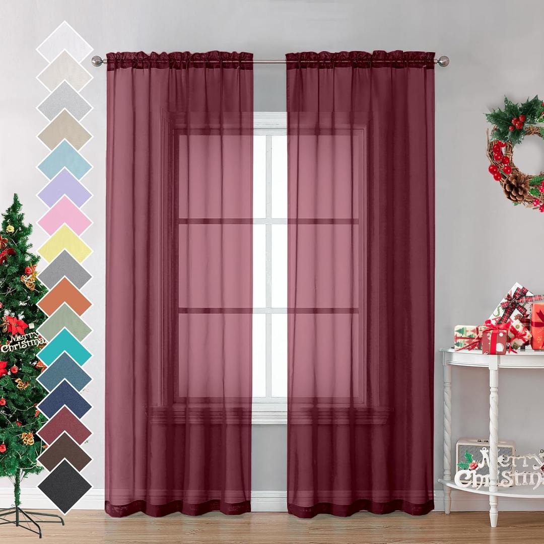 OVZME Burgundy Sheer Curtains - 96" Length 2 Panels Set for Living Room Bedroom, Christmas Gorgeous Window Decoration for Party & Backdrop & Canopy, Burgundy, Each 42Wx96L