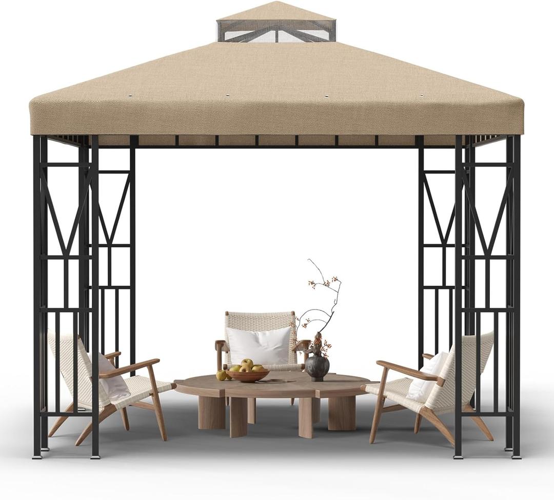 10x10 FT Gazebo Canopy Top ReplacementDouble Tiered Canopy Covers with Durable Polyester Fabric for Outdoor BBQ Roof Cover (Khaki)