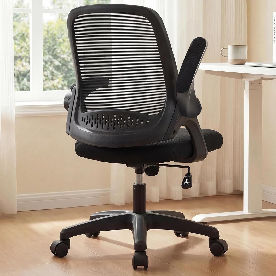 NEO CHAIR Office Desk Chair Computer Gaming Ergonomic Lumbar Back Support with Flip-up Padded Armrest Adjustable Height and Wheels for Home Vanity Bedroom Study (All Black)