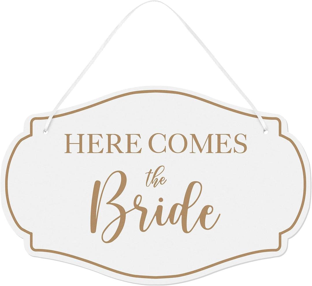 Yousoontic Here Comes The Bride Wedding Signs Rustic Wooden Ring Bearer Signs Wall Hanging Wedding Decor Wedding Accessories Stuff for Reception Engagement Wedding,11 x 7 Inch(White)