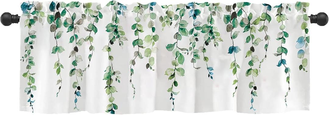 Watercolor Green Leaves Window Valance for Bedroom Living Room, Spring Summer Leaf Vine Plant Curtains Valanes for Windows, 3" Rod Pocket Window Treatment for Home Decorations, 54 x 18 Inch, 1 Pcs