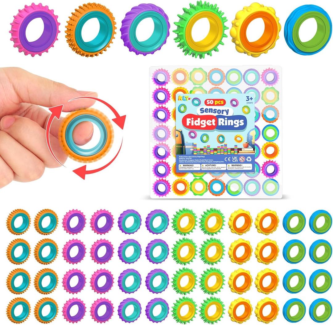 KLT Fidget Toys Bulk for Kids: 50 Pack Texture Spinner Rings - Bulk Fidgets for Students Classroom Prizes - Quiet Sensory for Autism Stress Relief - Goodie Bags Stuffers for Party Favors