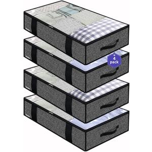 Onlyeasy 4 Pack Under Bed Clothes Storage Bags Organizer with Reinforced Handles and Zippers, Foldable Underbed Storage Container Bags for Blankets, Comforters, Bedding, Linen-like Black, MXAUBBP4 (Set of 4 Basic Soft Side Wall - Linen Like Black)