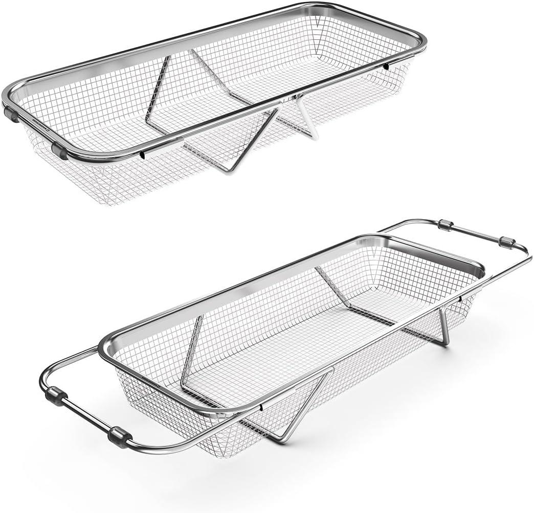 WAGENSTEIGER Extendable Dish Rack with Feet, Vegetable Colander Basket, Stainless Steel Dish or Silverware Drying Rack, Ultimate Kitchen Organizer Over the Sink (12.40 x 5.12 x 2.36 Inches)