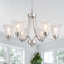 Modern Brushed Nickel Farmhouse Chandelier 6 Light Silver Chandeliers for Dining Room Adjustable Height Hanging Light Fixture with Clear Glass Shade,Pendant Light Fixture for Living Room Hallway Foyer