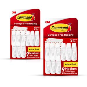Command Medium Utility Wall Hooks with Adhesive Strips, No Tools Required for Hanging Organizational Items in Living Spaces, 18 White Hooks and 24 Strips