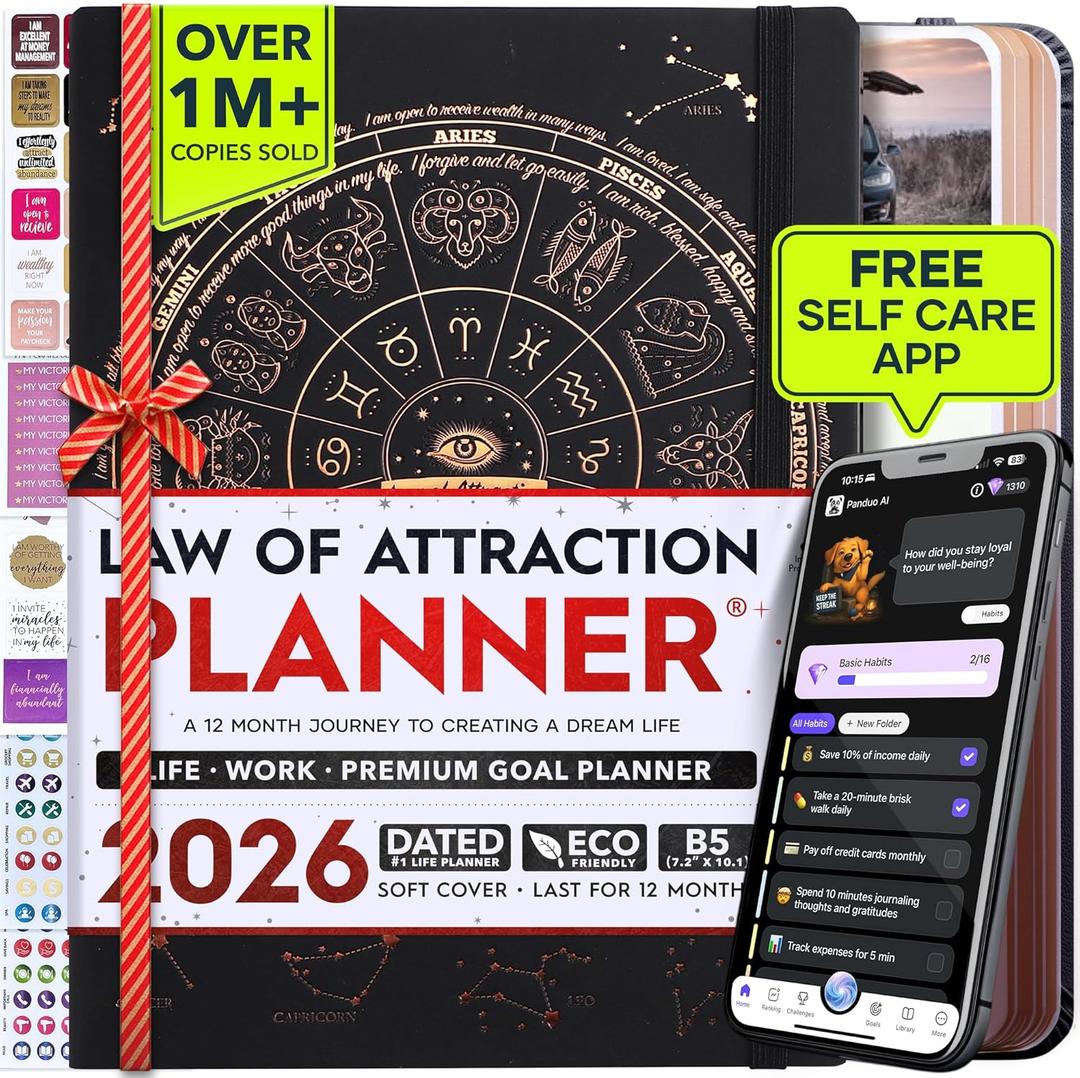 Deluxe 2026 Planner Weekly and Monthly | Law of Attraction Planner with Productivity App | 12-Month for Productivity, Gratitude & Goal Setting | Includes Foldable Vision Board, Gift Box & Stickers (B5 18.29 x 25.65 cm, ['BLACK ASTRO'])