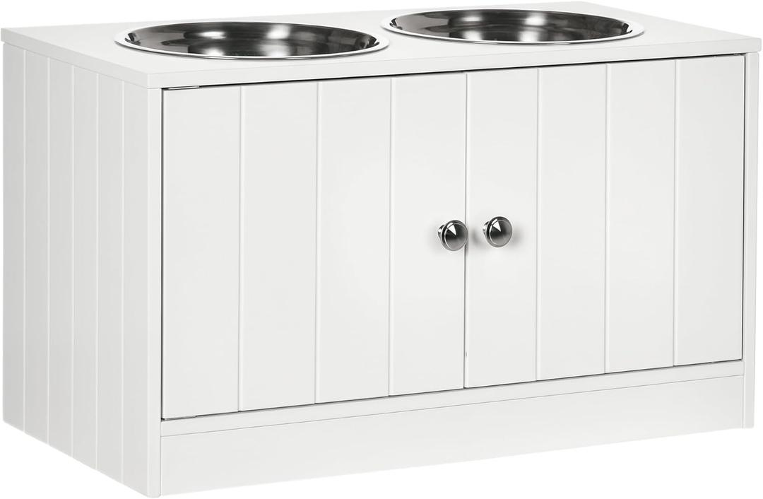 PawHut Large Elevated Dog Bowls with Storage Cabinet Containing Large 44L Capacity, Raised Dog Bowl Stand Pet Food Bowl Pet Feeding Station, White