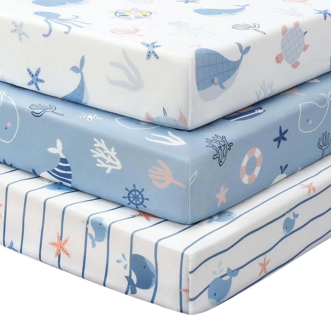Baby Crib Sheets for Boys and Girls, 3 Pack Toddler Bed Sheets for 52x28 Standard Toddler Mattresses, Soft Microfiber Fitted Crib Sheets Neutral Blue Ocean Whale