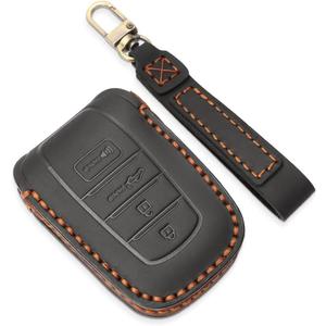 INTGET for 2022-2024 Toyota Tundra & Sequoia Key Fob Cover - Leather Case & Protector for Grand Highlander Accessories (Black, Brown Thread)