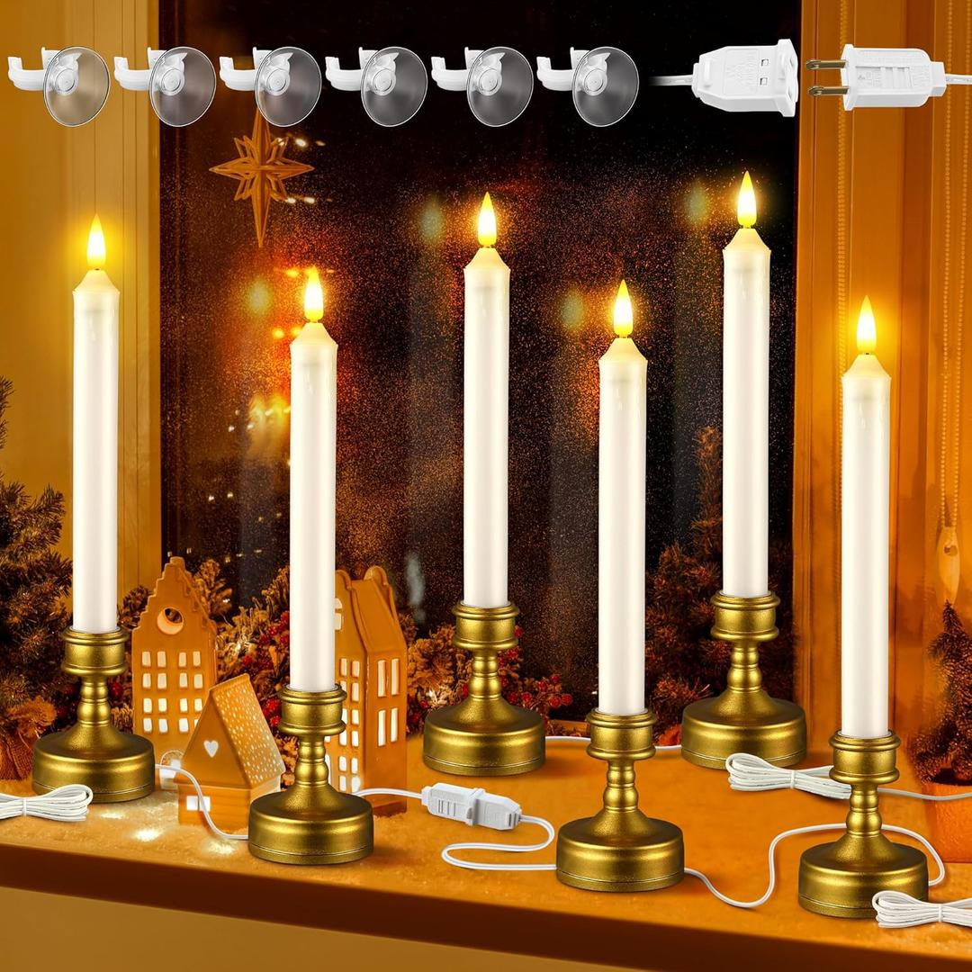 Enhon 6 Pack Plug in Electric Window Candles with Connectable Plug and Suction Cups, 110V Electric Flameless Candle with On/Off Switch, Christmas Candle for Holiday Window Decor