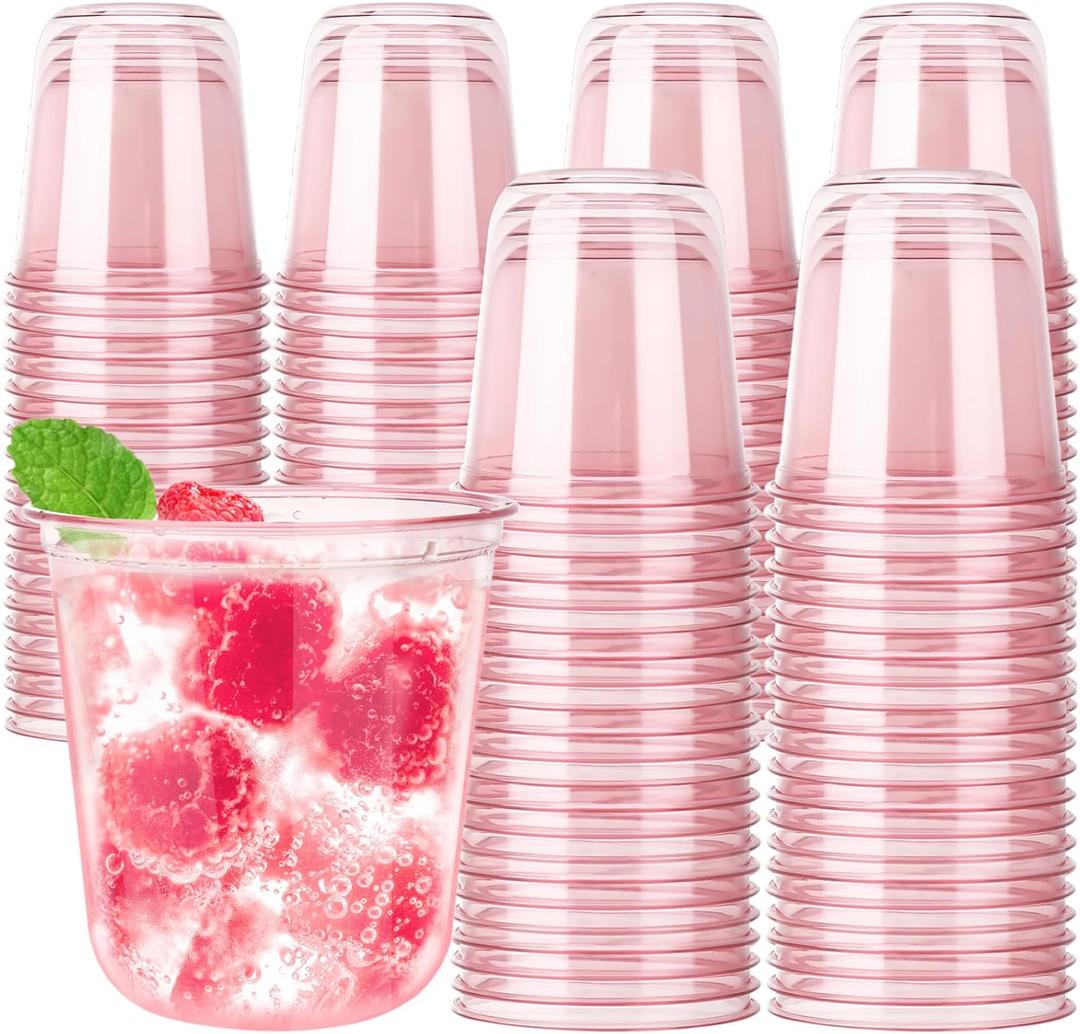100pcs 12oz Disposable Stemless Glasses,PET Disposable Drinking Cups,Cold Party Clear Plastic Wine Glasses for Parties Birthday,Wedding,Meeting,Christmas Party Supplies. (Pink)