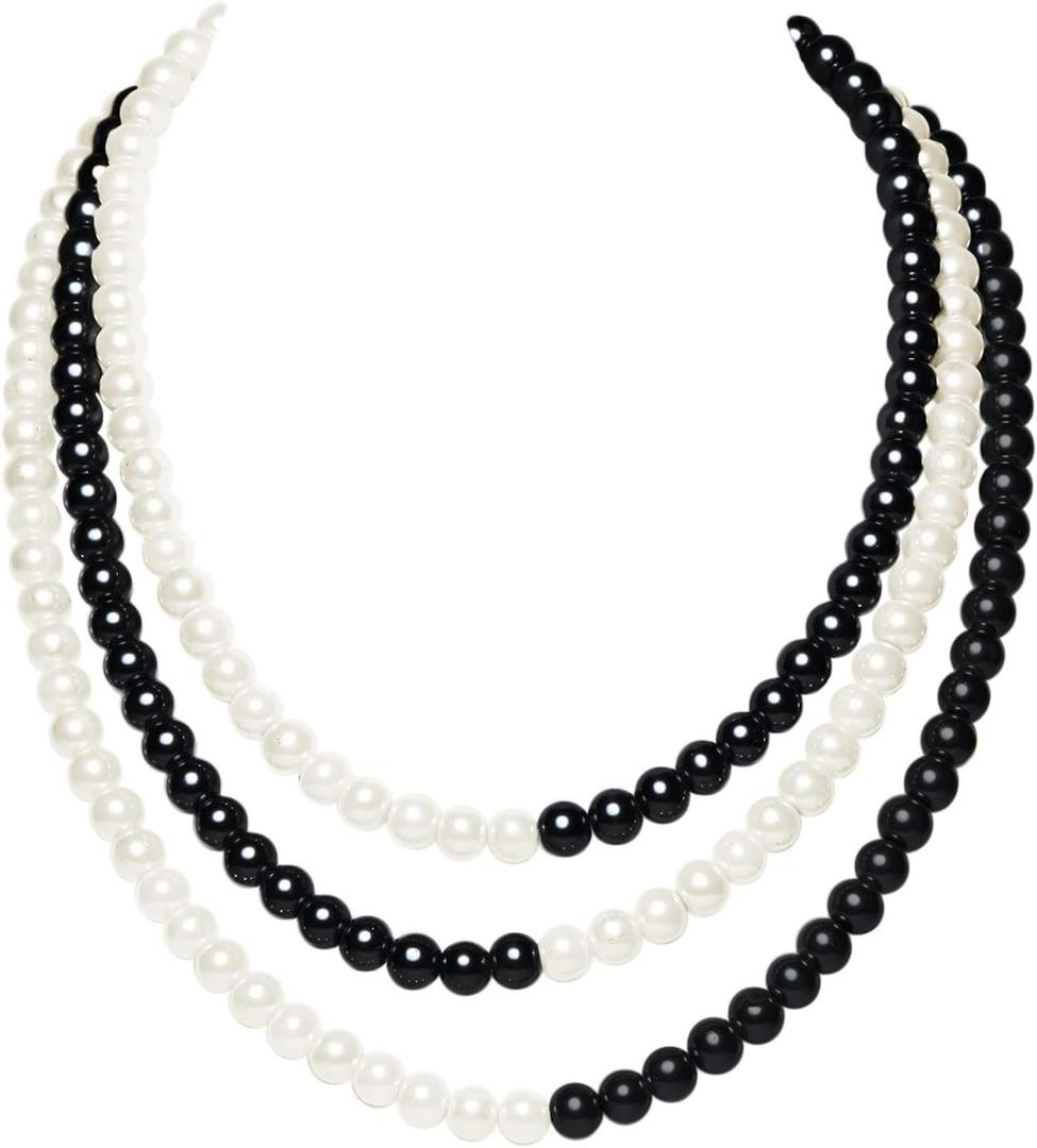 BABEYOND Round Imitation Pearl Necklace Vintage Multi Strands Necklace 20s Flapper Necklace for Party (Black and White)