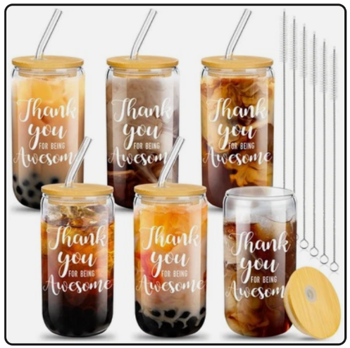 Jinei 6 Set Thank You Glass Cups Bulk with Lids Straws Employee Appreciation Insulated Sleeve Gifts 17 oz Can Shaped Beer Gratitude Jar for Staff Teacher Coworker Team Men Women