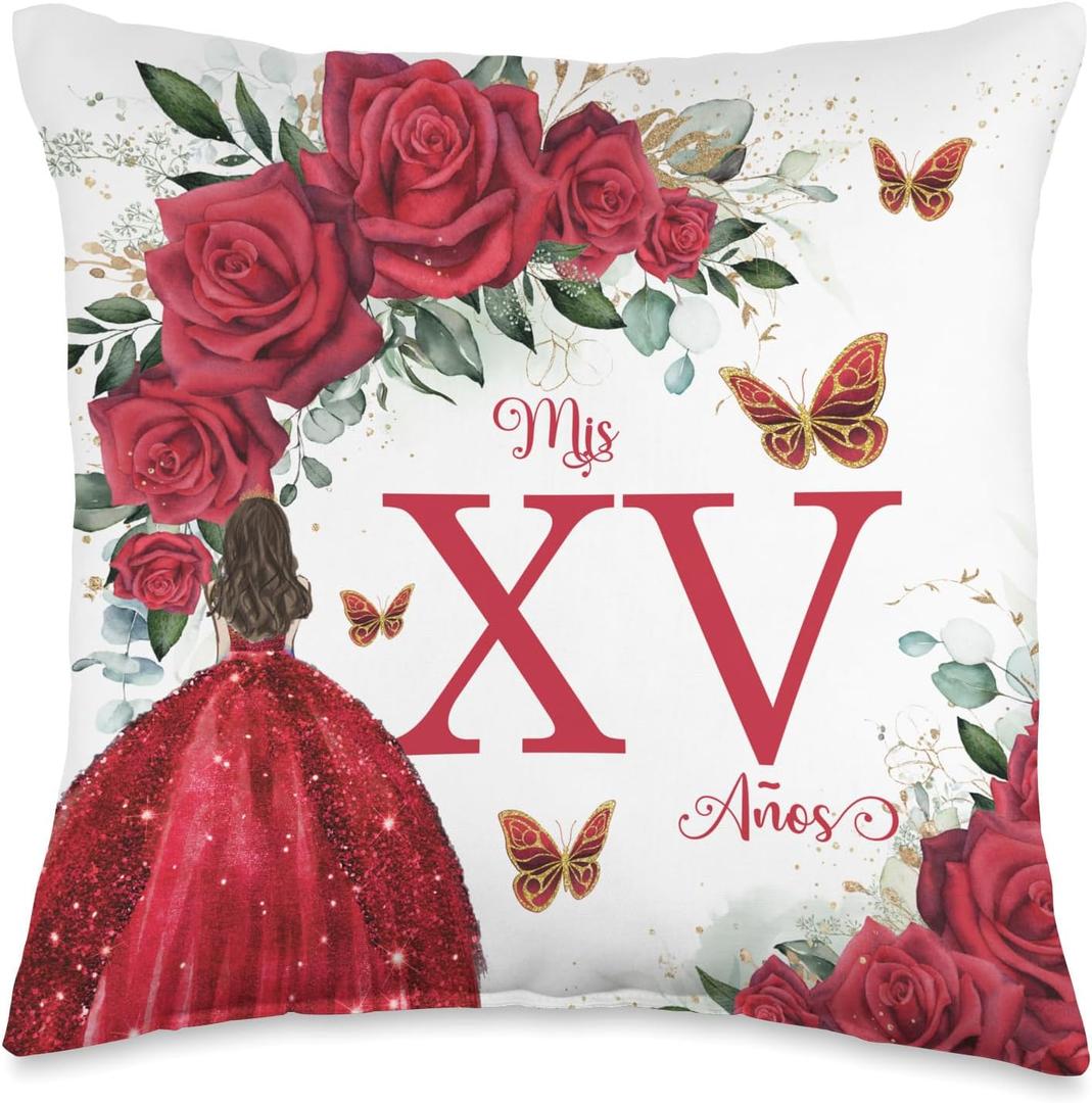 Red Roses Floral Quinceaera Mis XV Aos Throw Pillow (16x16)