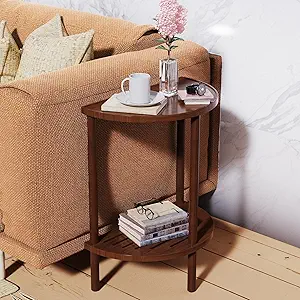 End Table, Half Moon Side Tables, Living Room Half Round 2 Tier Tables, NightStand for Small Space in Living Room Bedroom, Couch Tables with Storage Shelf, Boho Side Table (Brown)