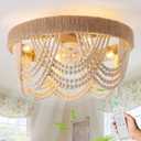 20" Boho Ceiling Fan with Light Flush Mount, Coastal Beaded Ceiling Fans with Lights and Remote Control,Enclosed Caged with 6 Speeds for Bedroom Nursery Living Room