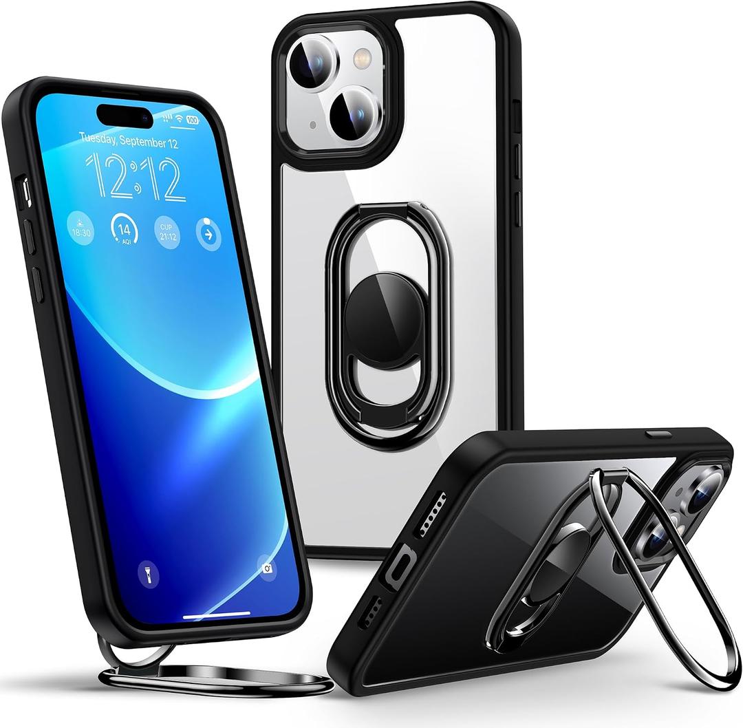 Shields Up for iPhone 15 Plus Case with Stand, Phone Case Clear with Double Ring Holder [Adjustable & Foldable] Shockproof Protective Cover for iPhone 15 Plus 6.7 inch - Clear Black