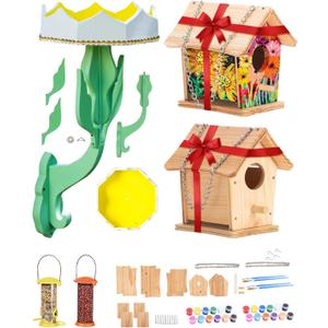 XLarge Gift Pack Bird Houses+Feeders Kit for Kids and Adults Family Garden Birding Woodworking Project,2 DIY Birdhouses + Large Flower + Peanut + Tube Meet Whole Family Birding Expectations